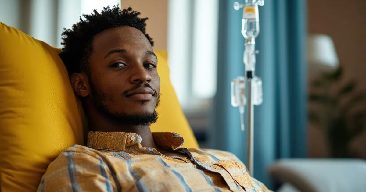 comfortably receiving an IV Vitamin Therapy drip designed to support mental clarity and enhance focus.