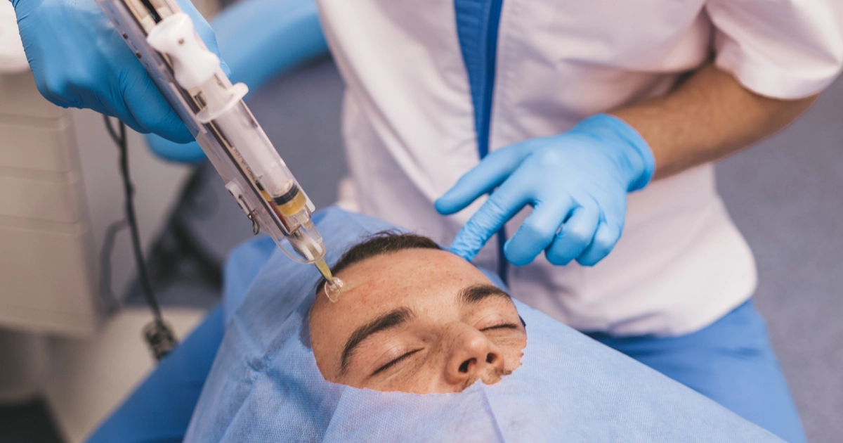 A practitioner in blue gloves performing Microneedling with PRP in Fayetteville, TN, on a man's forehead using a specialized injection device.